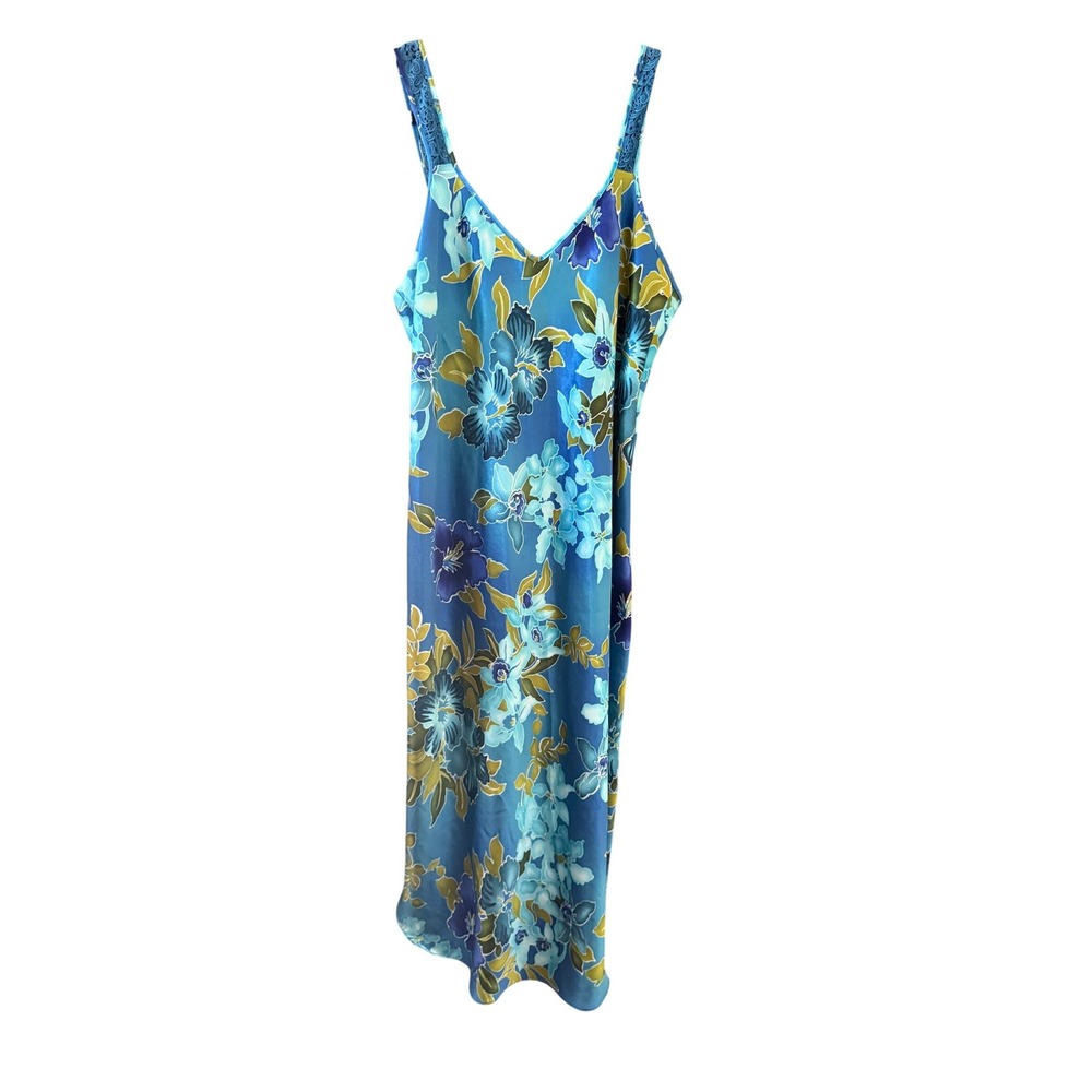 California Dynasty Vintage 70s Retro Blue Tropical Floral Satin Slip Dress L